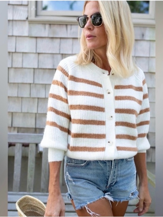 Marea By Liz Joy Sweaters - Marea by Liz Joy Sailor Striped Cardigan Sweater in Flax - Small